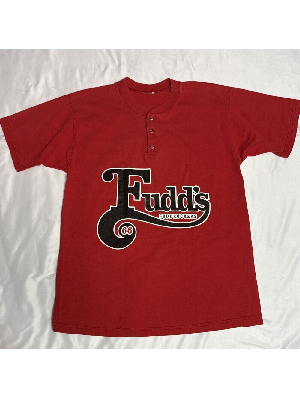 Vintage 90s Fuddruckers Henley Shirt Adult M Red Fudds #66 Graphic RARE Nice